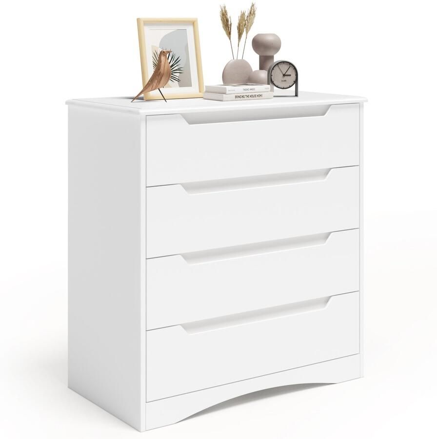 Xbro Ladekast met 4 Ruime Laden – Commode met Uitgesneden Handgrepen en Kantelbeveiliging – Voor Slaapkamer Woonkamer of Kantoor – Wit – 71 x 41 x 82 cm