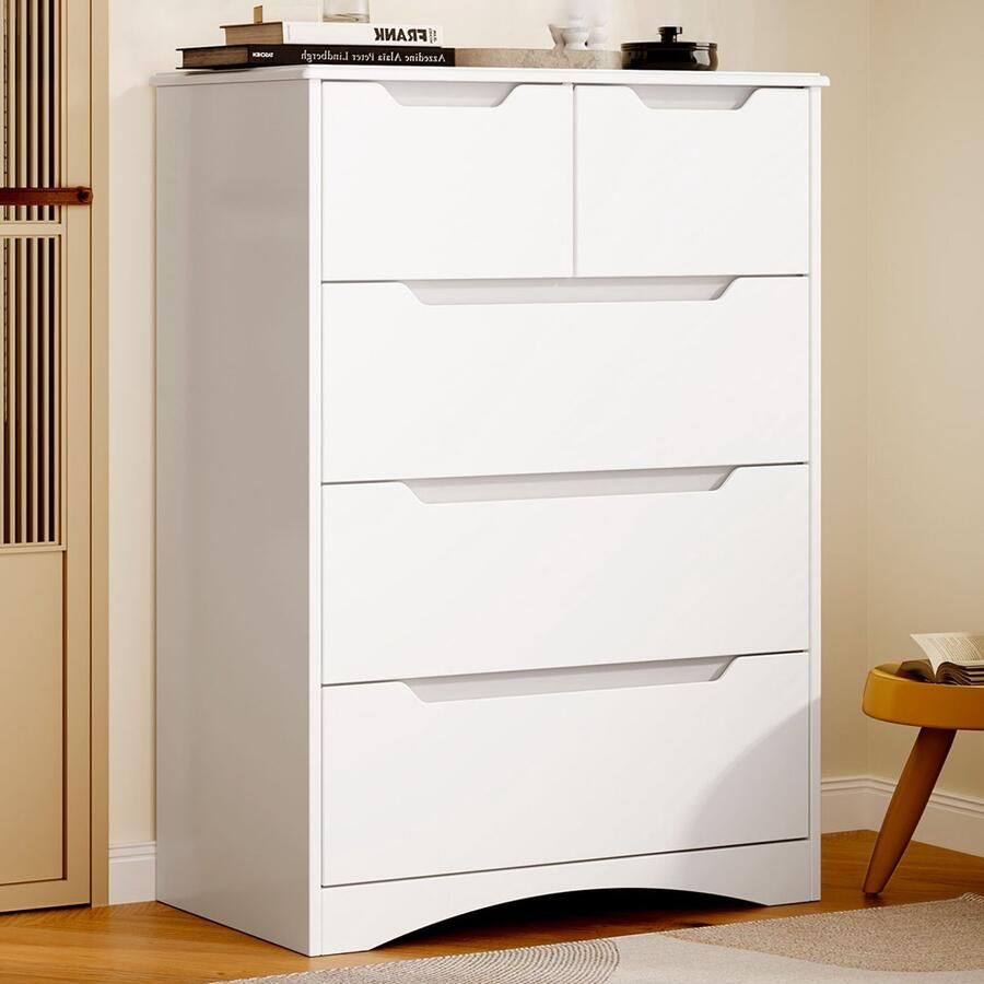 Xbro Ladekast met 5 Ruime Laden – Commode met Uitgesneden Handgrepen en Kantelbeveiliging – Voor Slaapkamer Woonkamer of Kantoor – Wit – 72 x 41 x 94 cm