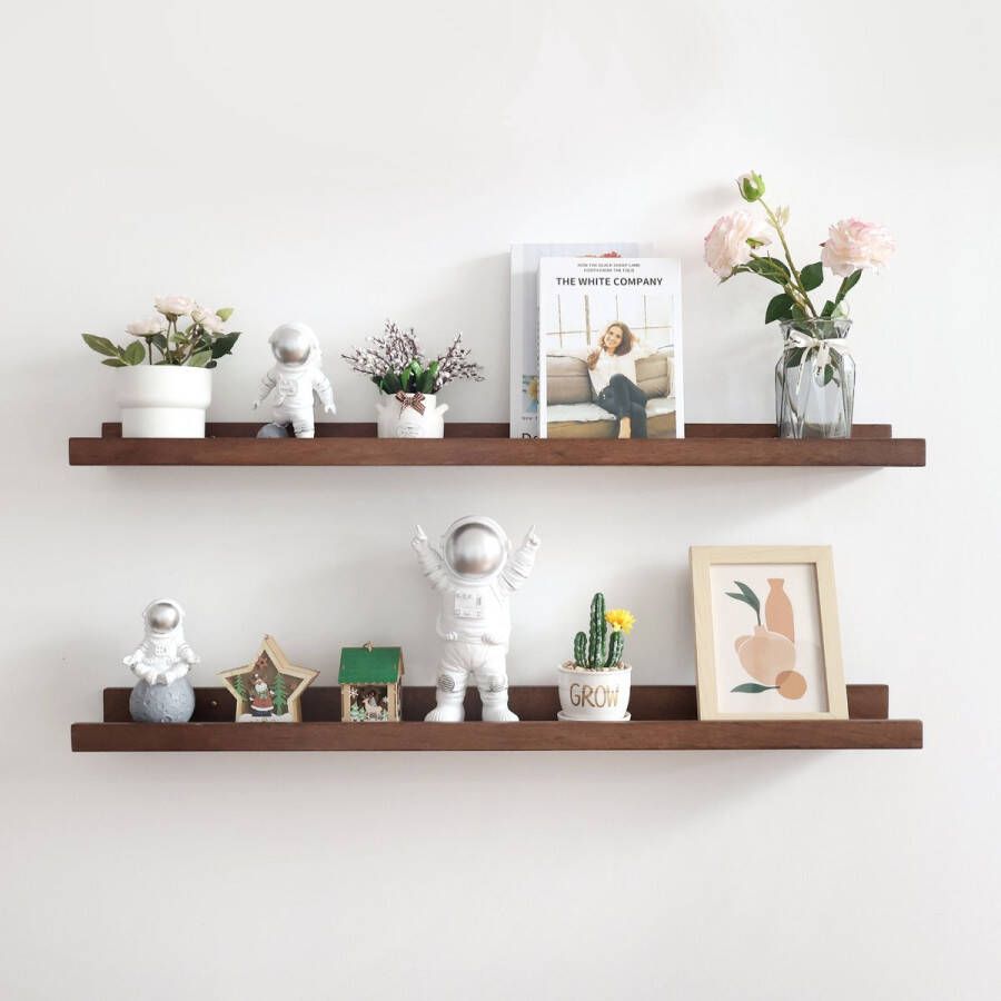 XD&L Houten Serie Boekenplanken Zwevende Wandplank 90 cm- Wandplank van Hout Fotodisplay Met Bevestigingsmateriaal- Kwaliteitsvol Massief Hout Set van 2 91.4 x 11.9CM Walnoot