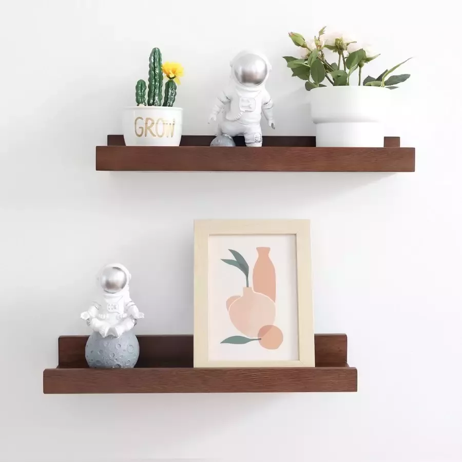 XD&L 40 Serie Zwevende Wandplank Fotodisplay Wanddecoratie Kwaliteitsvol Massief Hout Set Van 2 40 x 11.9CM Walnoot - Foto 3