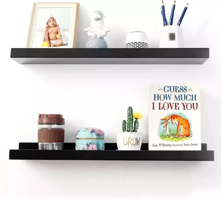 XD&L 60 Serie Boekenplank Zwevende Wandplank Fotodisplay Wanddecoratie MDF Premium Hout Set Van 2 60 x 11.9 CM Zwart - Foto 2