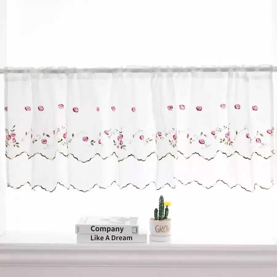 XD&L Dubbel roze transparant kort gordijn-Polyester Bali Garen-Halftransparant Gordijn keuken slaapkamer bistro deur kast kort gordijn valletje -60×145cm- Gordijnroede (apart verkrijgbaar)