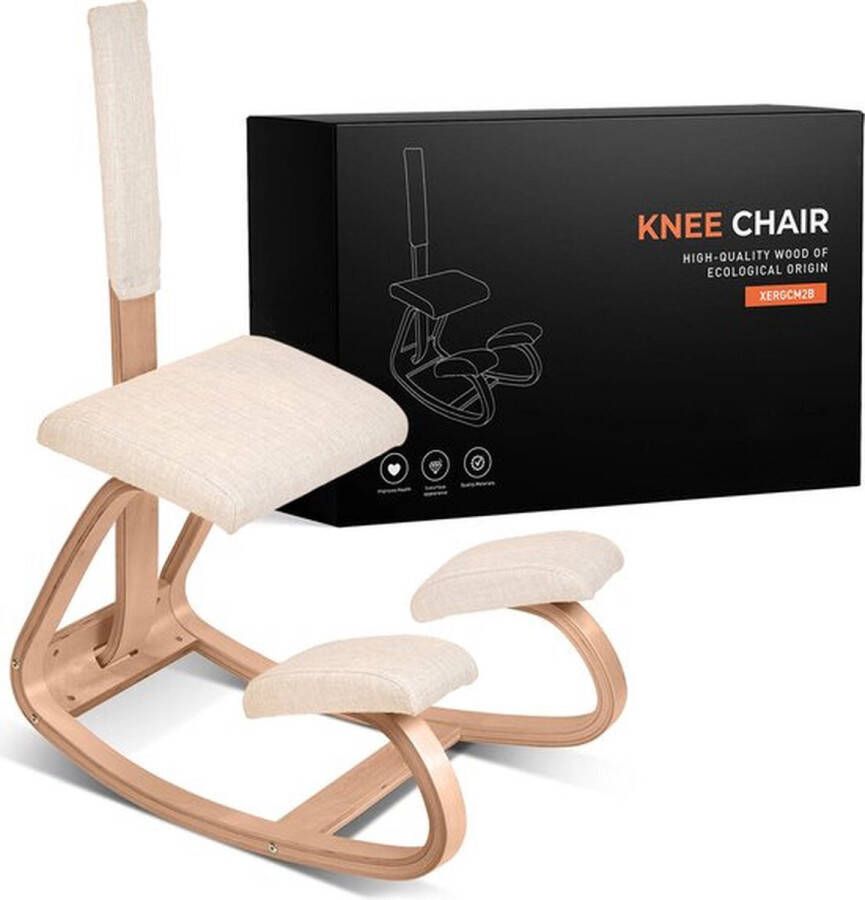 XER Ergonomische kniestoel met rugleuning – Balansstoel – Werkkruk – Ergonomisch en Duurzaam – Bureaustoel – Werkstoel Vermindert nekpijn & rugpijn – Ergochair – Office Chair – FSC Essenhout Beige