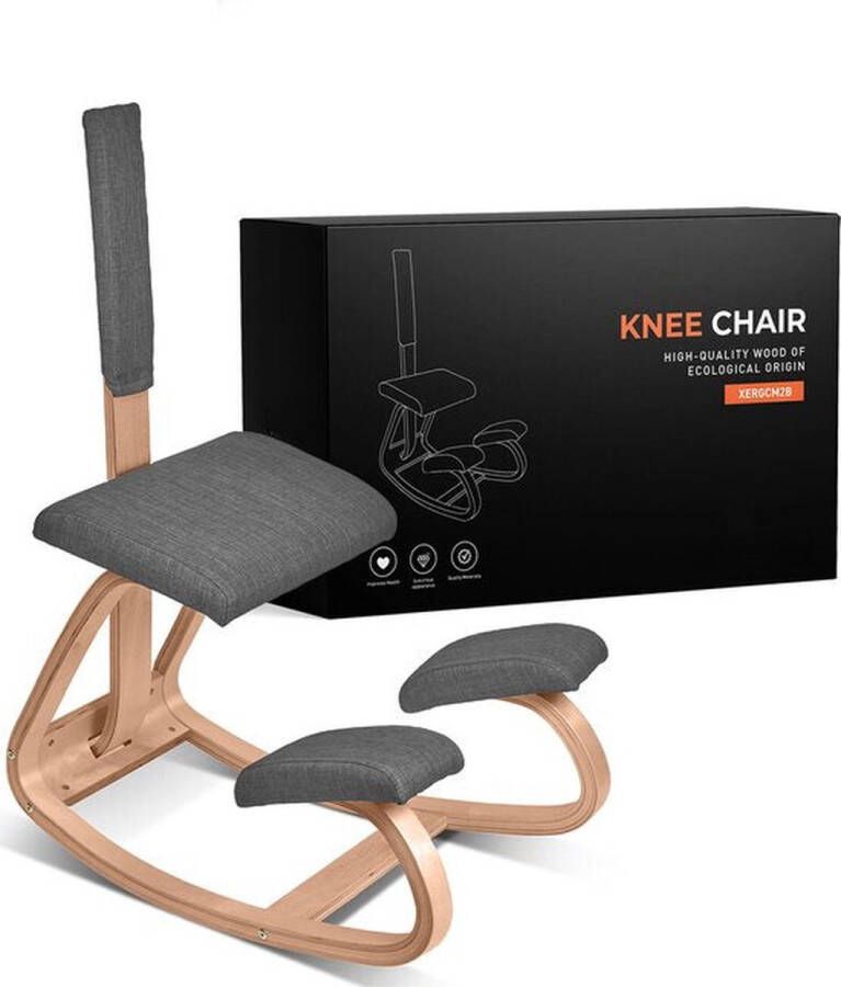 XER Ergonomische kniestoel met rugleuning – Balansstoel – Werkkruk – Ergonomisch en Duurzaam – Bureaustoel – Werkstoel Vermindert nekpijn & rugpijn – Ergochair – Office Chair – FSC Essenhout Grijs