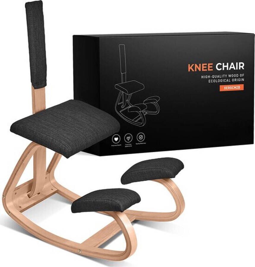 XER Ergonomische kniestoel met rugleuning – Balansstoel – Werkkruk – Ergonomisch en Duurzaam – Bureaustoel – Werkstoel Vermindert nekpijn & rugpijn – Ergochair – Office Chair – FSC Essenhout Zwart