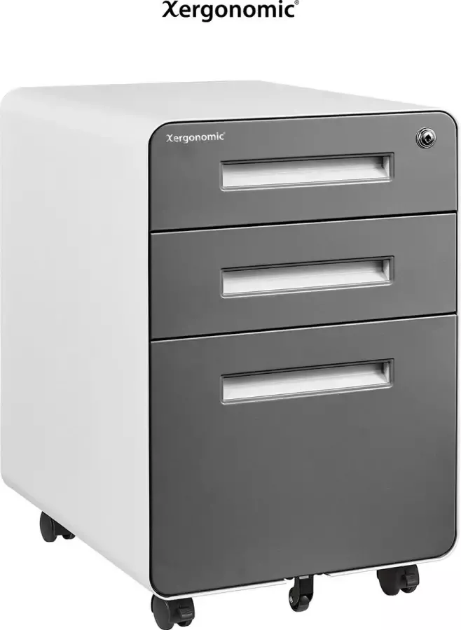 Xergonomic Bane Commode – Verrijdbaar Ladenblok Bureau – Bureau organizer – Bureau accessoires – Ladeblok 3 lades – Cilinderslot met 2 Sleutels – Archiefkast – Kantoorkast – Dossierladenkast – Opbergkast met Wielen – 40x45x58 cm – Wit met donkergrijs