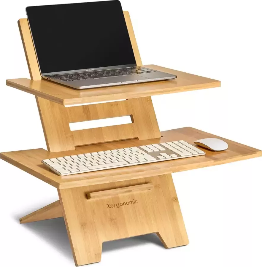 Xergonomic Duurzaam sta bureau – Standing desk – Laptopstandaard en Toetsenbordstandaard – Zit sta bureau in hoogte verstelbaar – Duurzaam bamboe – Thuiswerken – Ergonomisch werken