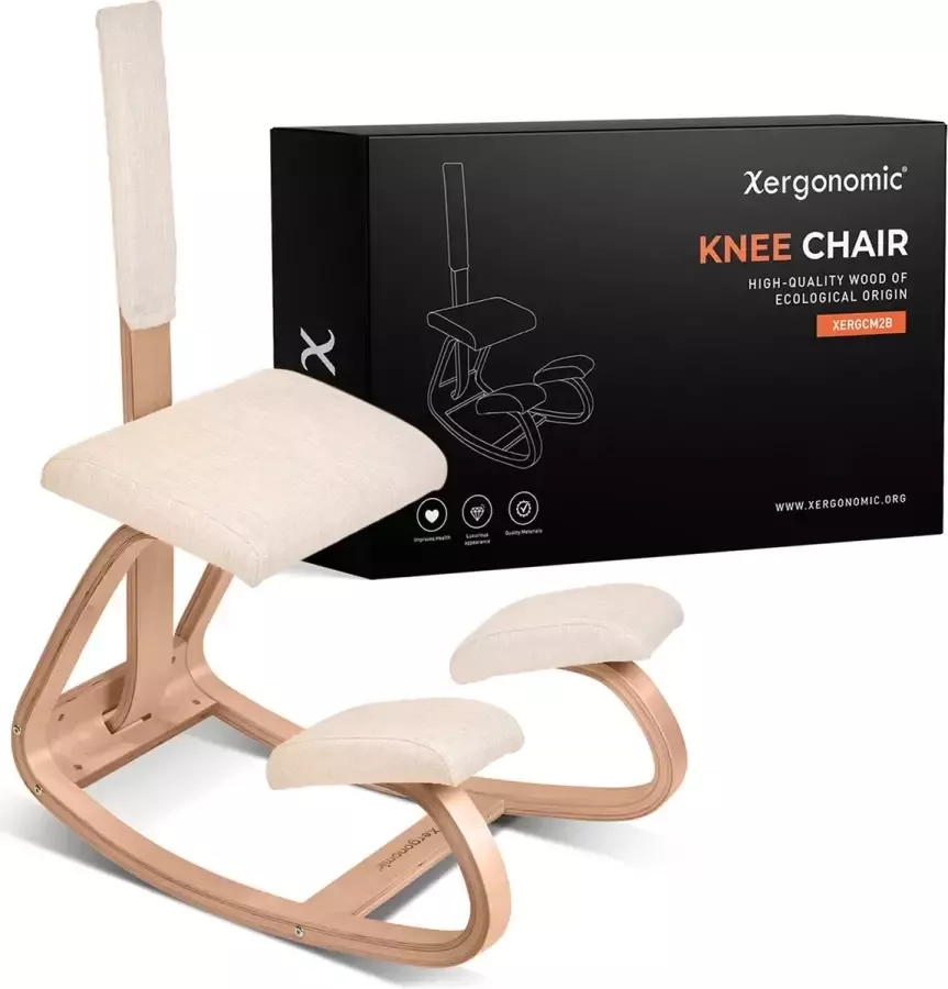 Xergonomic – Ergonomische kniestoel met rugleuning – Balansstoel – Werkkruk – Ergonomisch en Duurzaam – Bureaustoel – Werkstoel Vermindert nekpijn & rugpijn – Ergochair – Office Chair – FSC Essenhout Grijs