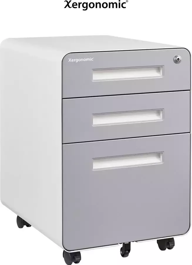 Xergonomic Gemini Commode – Verrijdbaar Ladenblok Bureau – Bureau organizer – Bureau accessoires – Ladeblok 3 lades – Cilinderslot met 2 Sleutels – Archiefkast – Kantoorkast – Dossierladenkast – Opbergkast met Wielen – 40 x 45 x 58 cm – Wit met Grijs