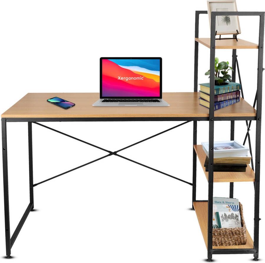 Xergonomic Industrieel bureau met planken – Stalen frame met houten bureaublad – Stevige laptoptafel – Bureau 120x64x72 cm – Kast 140x64 cm Zwart Naturel