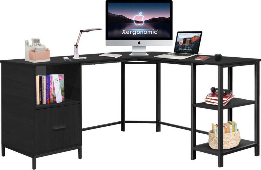 Xergonomic Industrieel hoekbureau met kastje – Stalen frame met houten hoekbureaublad – Stevige laptoptafel – 150x137x75 cm Zwart - Foto 1