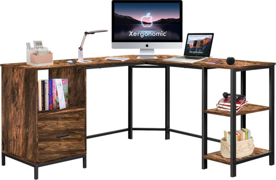 Xergonomic Industrieel hoekhoekbureau met kastje– Stalen frame met houten hoekbureaublad – Stevige laptoptafel – 150x137x75 cm Zwart Hout