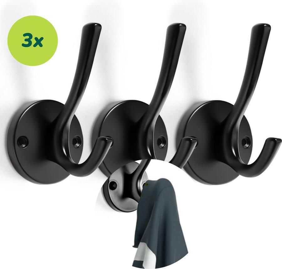 XIVADA Kapstok haken Dubbel Jashaak Zwart 3 stuks Wandkapstok hangend Kapstokhaak Metaal