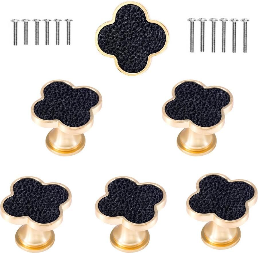 Xyconcep 6 stuks goudkleurige bronzen legering knoppen keukenkast lade trekt keuken kledingkast meubelgrepen (6 stuks kleine klaver lederachtig zwart met schroeven)