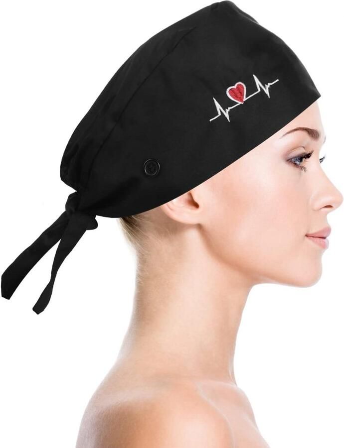 Y&Y Stof verstelbare werkmuts met knopen operationele kap verpleegstermuts zweetband katoen kookmuts paardenstaarthouder schuurmuts muts dames en heren zwart One size