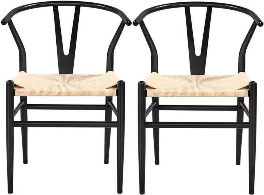Yaheetech Set van 2 eetkamerstoelen Fauteuil Y-stoel Wishbone Chair Recliner met geweven zitting