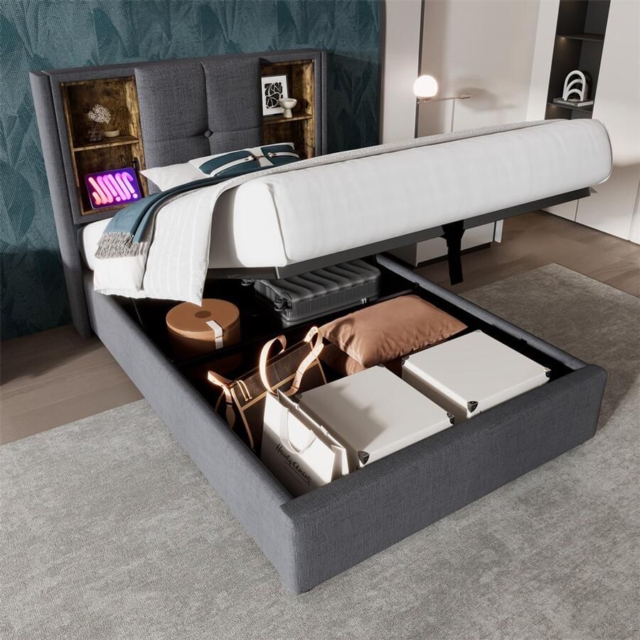 YEHTOKHOME Eenpersoonsbed 90x200cm met draadloos opladen USB-C Gestoffeerd bed met opbergruimte en lattenbodem Hydraulisch opbergbed Hoofdeinde met opbergfunctie Grijs katoen (zonder matras)