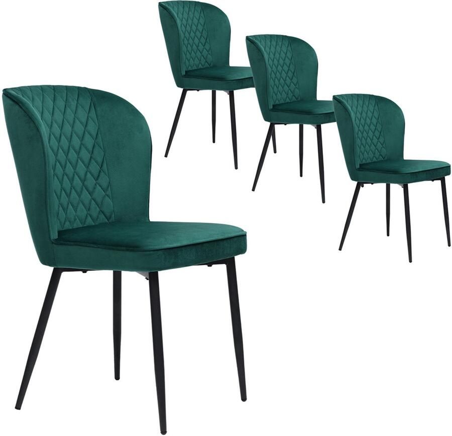 YEHTOKHOME Eetkamerstoel Set Van 4 Moderne Keukenstoel Gestoffeerde stoel Fluwelen stoel met rugleuning Groen Velvet Zwart metalen poten 47 x 49 x 86 cm
