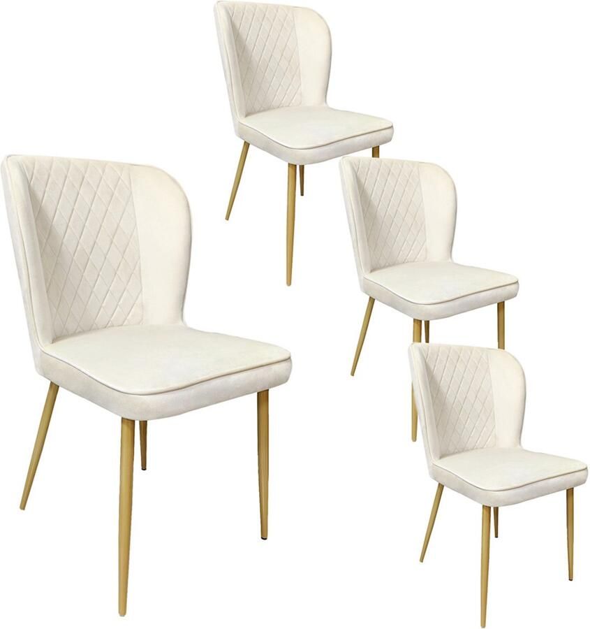 YEHTOKHOME Eetkamerstoel Set Van 4 Moderne Keukenstoel Gestoffeerde stoel Fluwelen stoel met rugleuning Beige Velvet Gouden metalen poten 47 x 49 x 86 cm