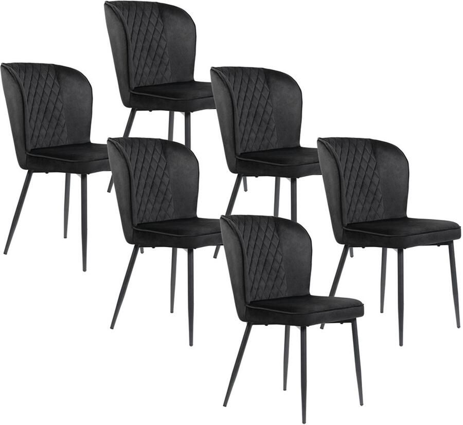 YEHTOKHOME Eetkamerstoel Set Van 6 Moderne Keukenstoel Gestoffeerde stoel Fluwelen stoel met rugleuning Zwart Velvet Zwart metalen poten 47 x 49 x 86 cm