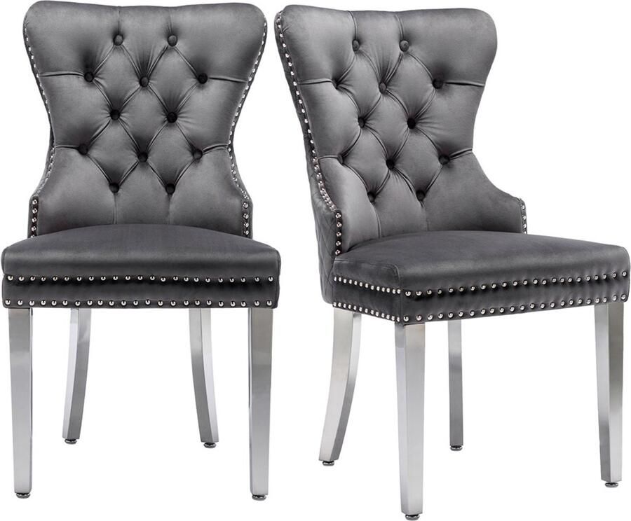 YEHTOKHOME Eetkamerstoelen Set van 2 Keukenstoel Woonkamerstoel met unieke deurklopper op de rugleuning Gestoffeerde stoel met nagelkoppen Metalen Poten Fluwelen bekleding Grijs