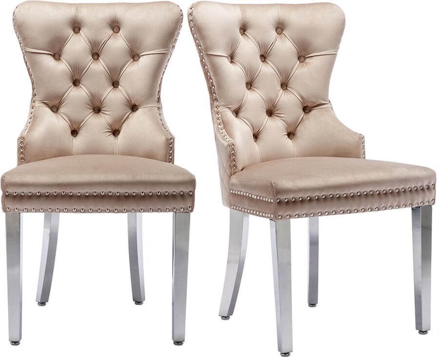 YEHTOKHOME Eetkamerstoelen Set van 2 Keukenstoel Woonkamerstoel met unieke deurklopper op de rugleuning Gestoffeerde stoel met nagelkoppen Metalen Poten Fluwelen bekleding Beige