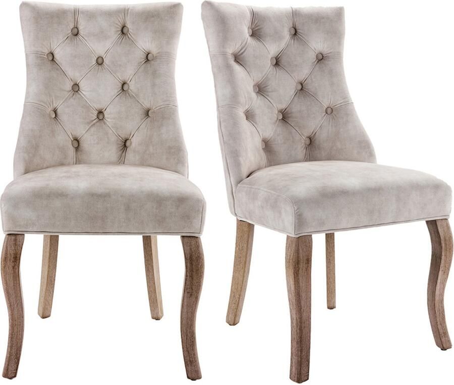 YEHTOKHOME Eetkamerstoelen Set van 2 Velvet Eetkamerstoel met Hoge Rugleuning en Decoratie Knopen Massief houten poten Lichtbeige