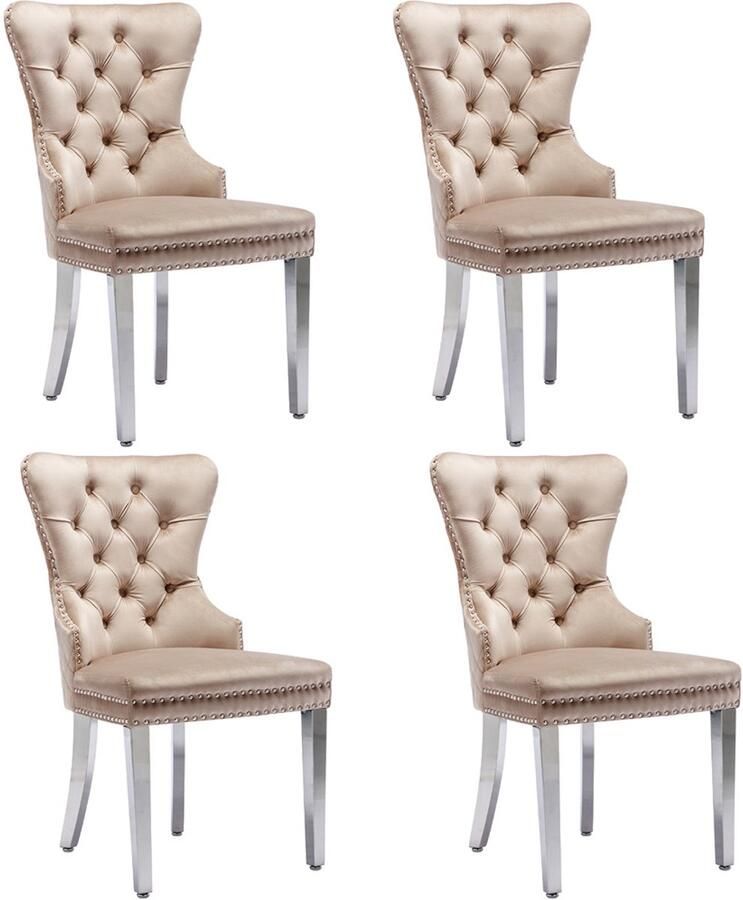 YEHTOKHOME Eetkamerstoelen Set van 4 Keukenstoel Woonkamerstoel met unieke deurklopper op de rugleuning Gestoffeerde stoel met nagelkoppen Metalen Poten Fluwelen bekleding Beige