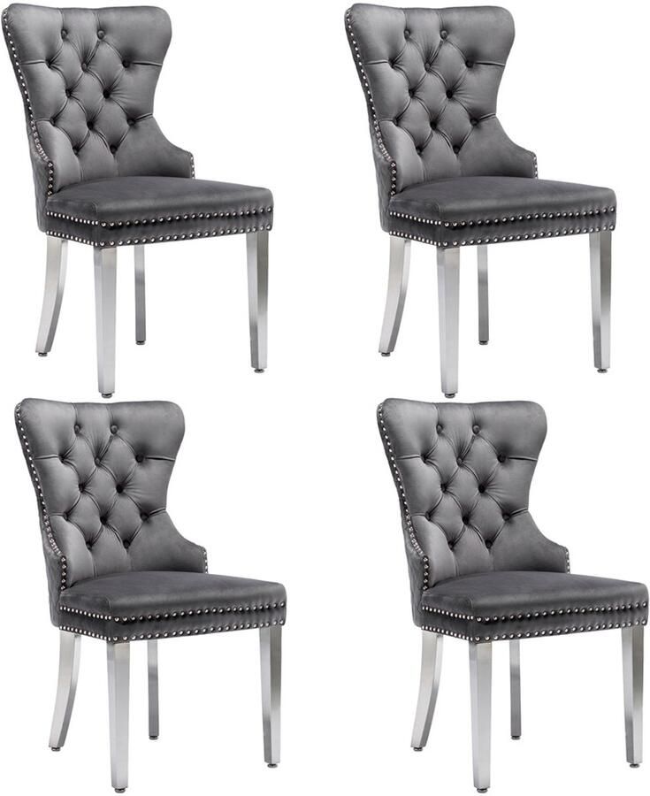 YEHTOKHOME Eetkamerstoelen Set van 4 Keukenstoel Woonkamerstoel met unieke deurklopper op de rugleuning Gestoffeerde stoel met nagelkoppen Metalen Poten Fluwelen bekleding Grijs