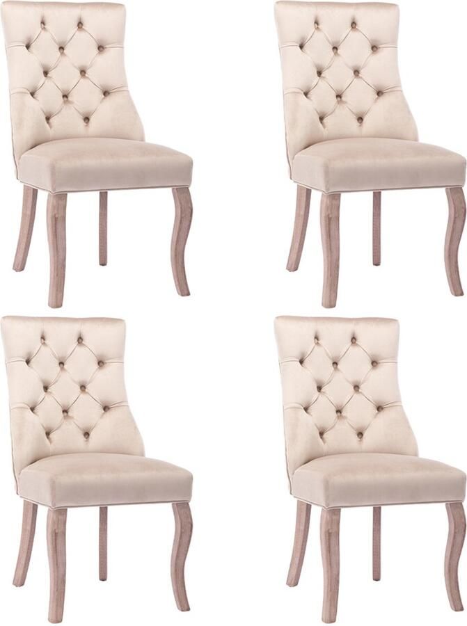 YEHTOKHOME Eetkamerstoelen Set van 4 Velvet Eetkamerstoel met Hoge Rugleuning en Decoratie Knopen Massief houten poten Beige