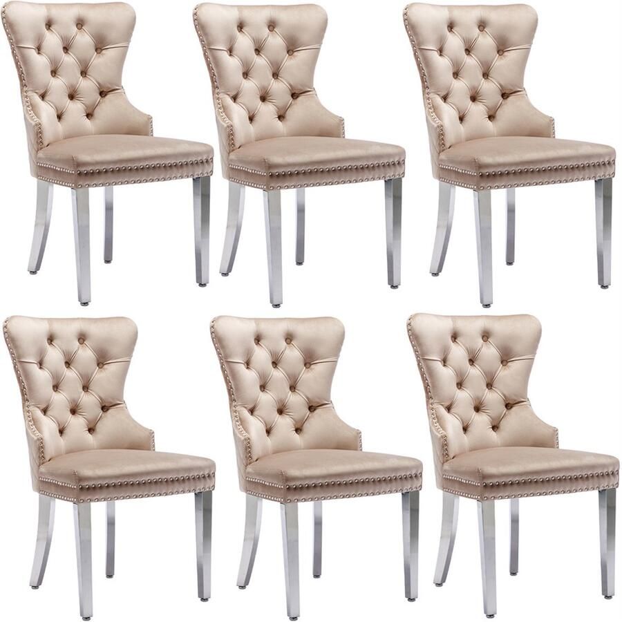 YEHTOKHOME Eetkamerstoelen Set van 6 Keukenstoel Woonkamerstoel met unieke deurklopper op de rugleuning Gestoffeerde stoel met nagelkoppen Metalen Poten Fluwelen bekleding Beige