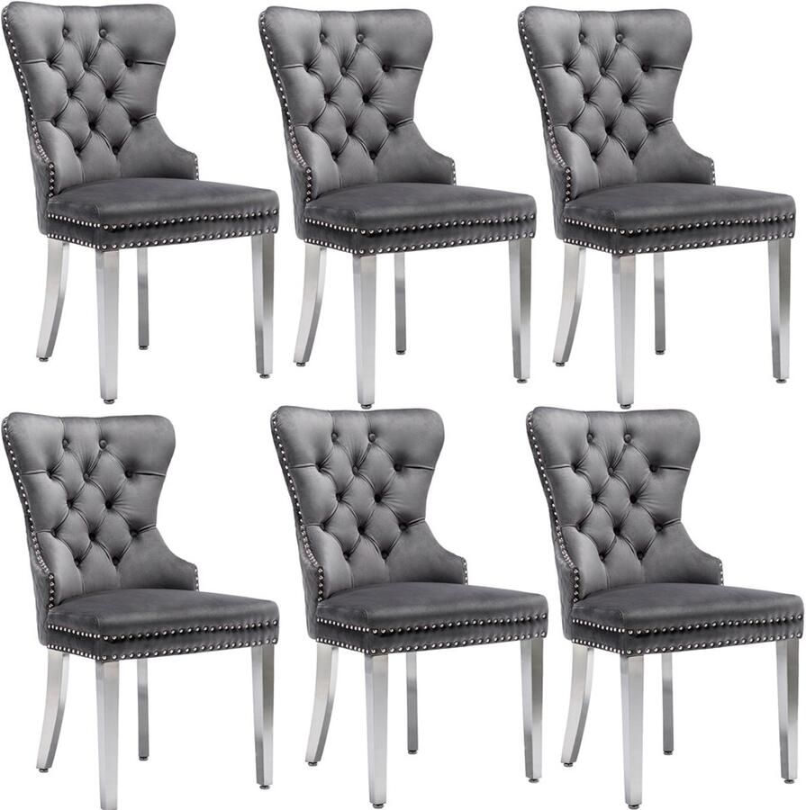 YEHTOKHOME Eetkamerstoelen Set van 6 Keukenstoel Woonkamerstoel met unieke deurklopper op de rugleuning Gestoffeerde stoel met nagelkoppen Metalen Poten Fluwelen bekleding Grijs