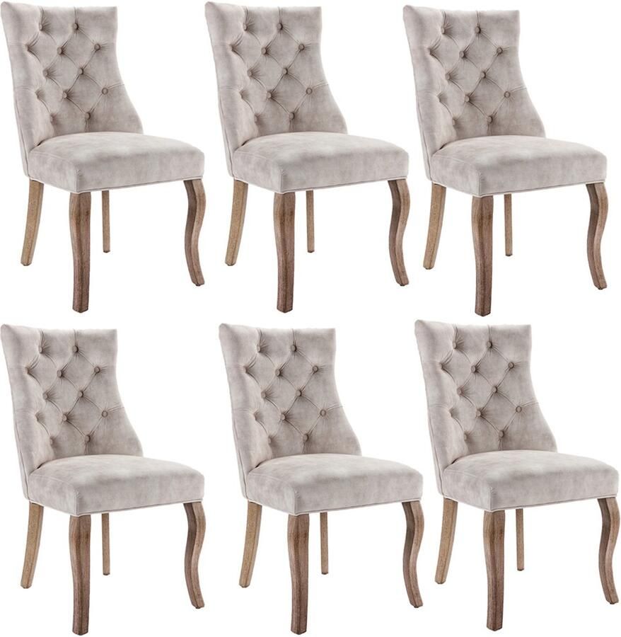 YEHTOKHOME Eetkamerstoelen Set van 6 Velvet Eetkamerstoel met Hoge Rugleuning en Decoratie Knopen Massief houten poten Lichtbeige