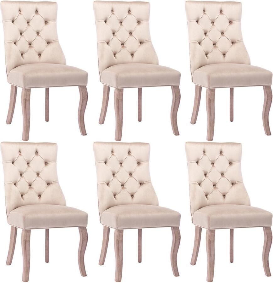 YEHTOKHOME Eetkamerstoelen Set van 6 Velvet Eetkamerstoel met Hoge Rugleuning en Decoratie Knopen Massief houten poten Beige