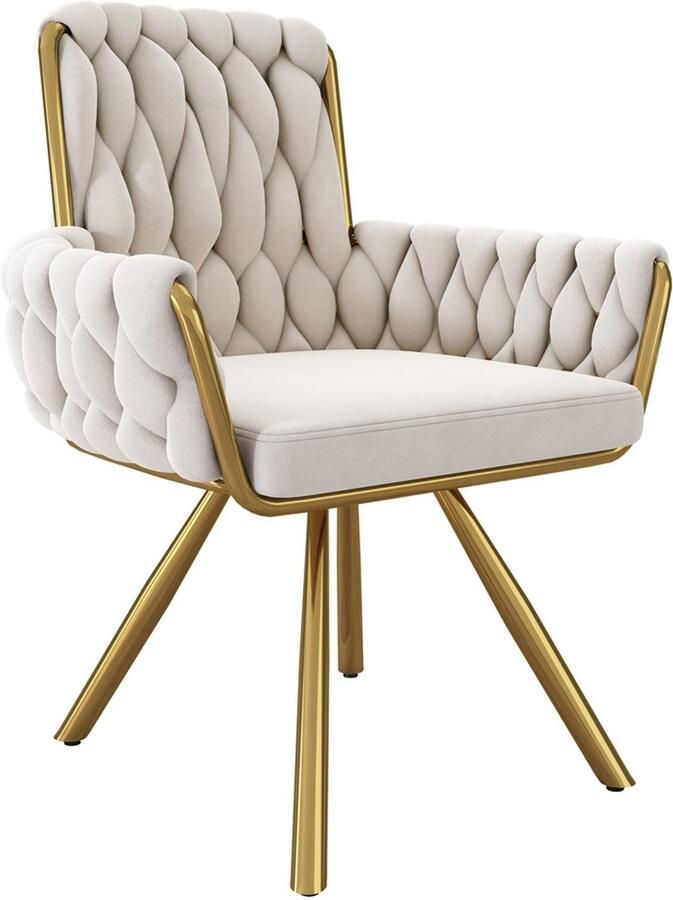 YEHTOKHOME Fluwelen Eetkamerstoel- Draaistoel met armleuningen Fauteuil Make-upstoel Velvet stoel voor woonkamer eetkamer slaapkamer Gouden metalen poten 360° graden draaibaar Beige
