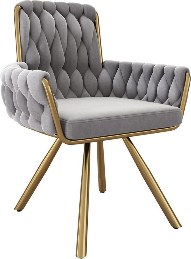 YEHTOKHOME Fluwelen Eetkamerstoel- Draaistoel met armleuningen Fauteuil Make-upstoel Velvet stoel voor woonkamer eetkamer slaapkamer Gouden metalen poten 360° graden draaibaar Grijs