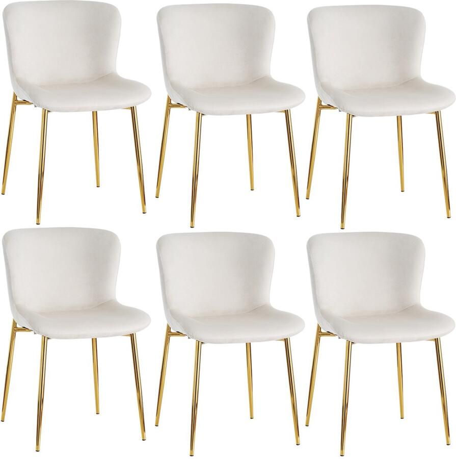 YEHTOKHOME Fluwelen Eetkamerstoel Set van 6 Keukenstoelen Gestoffeerde stoelen met rugleuning Gouden metalen poten Moderne-design Beige 52 x 54 x 82 cm