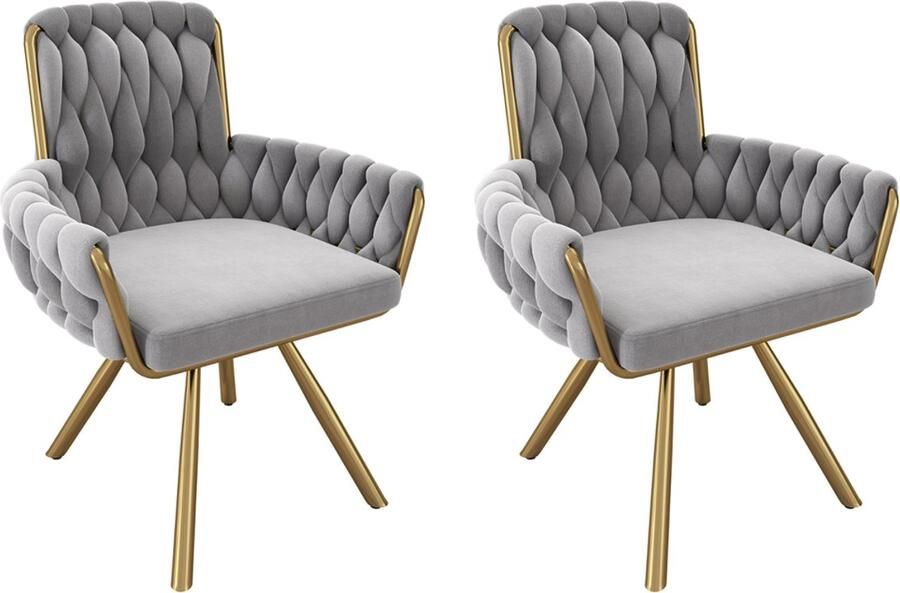 YEHTOKHOME Fluwelen Eetkamerstoelen- Draaistoel met armleuningen Fauteuil Make-upstoel Velvet stoel voor woonkamer eetkamer slaapkamer Gouden metalen poten 360° graden draaibaar Set van 2 Grijs