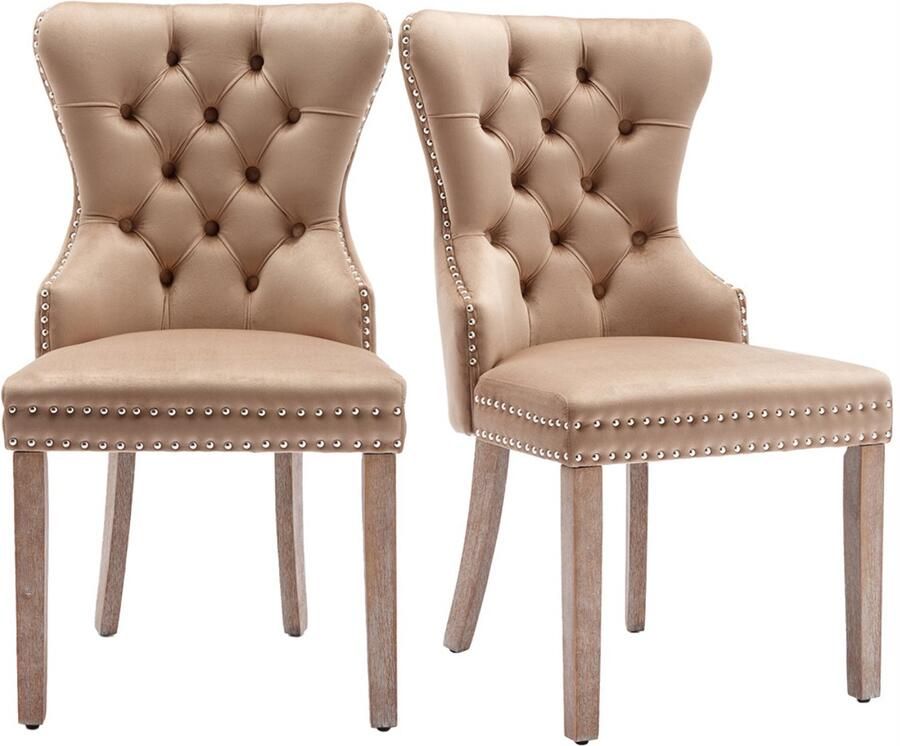 YEHTOKHOME Fluwelen Eetkamerstoelen Set van 2 Keukenstoel Woonkamerstoel met unieke deurklopper op de rugleuning Gestoffeerde stoel met spijkerkop Massief houten poten Velvet bekleding Bruin