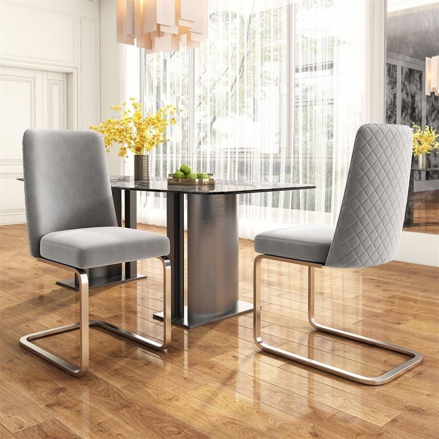 YEHTOKHOME Fluwelen Eetkamerstoelen Set van 2 Rugleuning met diamantvormig gaasontwerp Glanzende zilverkleurige metalen poten en antislipvoetjes Eenvoudige en elegante stoelen Grijs