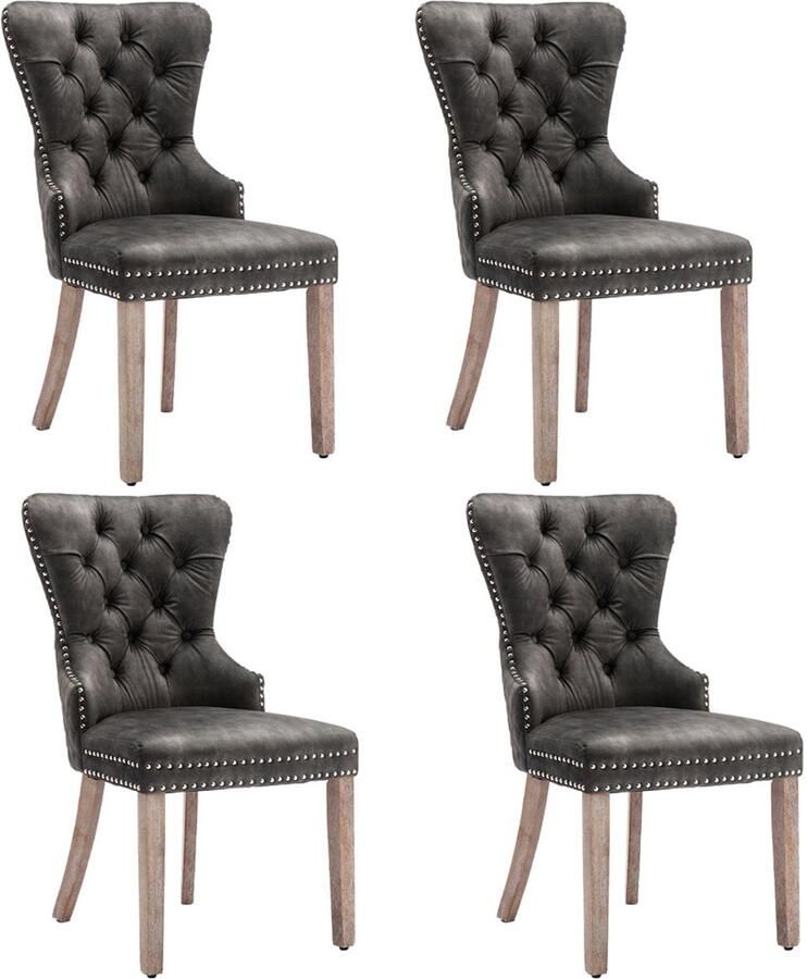 YEHTOKHOME Fluwelen Eetkamerstoelen Set van 4 Keukenstoel Woonkamerstoel met unieke deurklopper op de rugleuning Gestoffeerde stoel met spijkerkop Massief houten poten Velvet bekleding Grijs