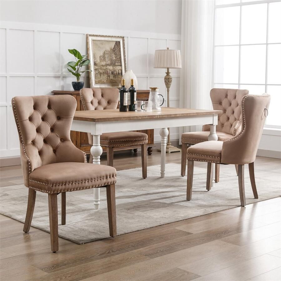 YEHTOKHOME Fluwelen Eetkamerstoelen Set van 4 Keukenstoel Woonkamerstoel met unieke deurklopper op de rugleuning Gestoffeerde stoel met spijkerkop Massief houten poten Velvet bekleding Bruin