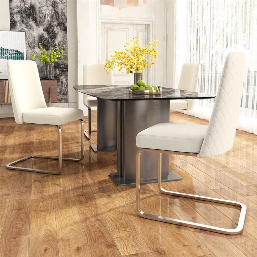 YEHTOKHOME Fluwelen Eetkamerstoelen Set van 4 Rugleuning met diamantvormig gaasontwerp Glanzende zilverkleurige metalen poten en antislipvoetjes Eenvoudige en elegante stoelen Beige
