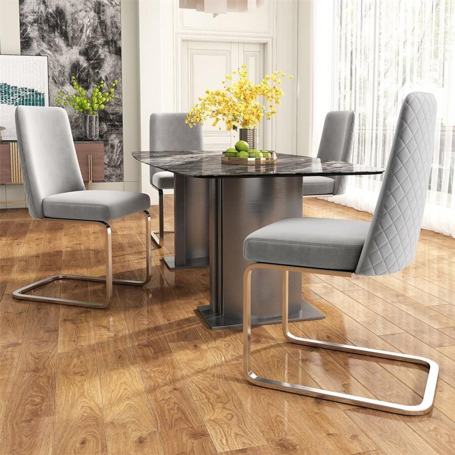 YEHTOKHOME Fluwelen Eetkamerstoelen Set van 4 Rugleuning met diamantvormig gaasontwerp Glanzende zilverkleurige metalen poten en antislipvoetjes Eenvoudige en elegante stoelen Grijs