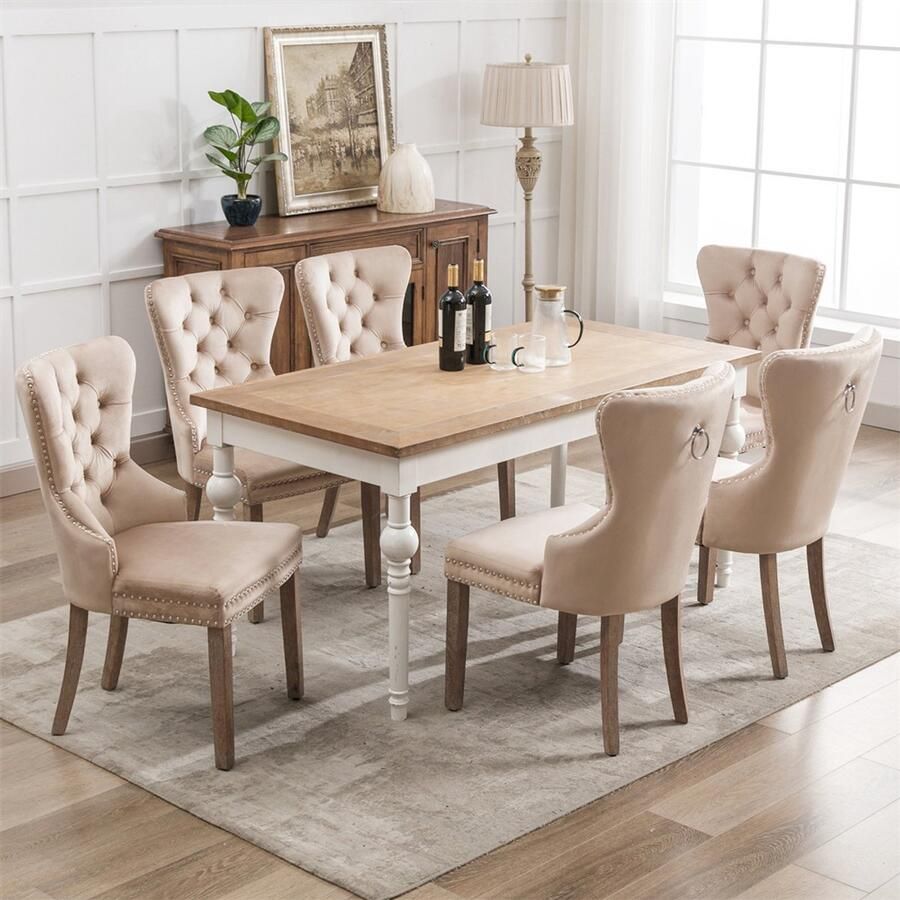 YEHTOKHOME Fluwelen Eetkamerstoelen Set van 6 Keukenstoel Woonkamerstoel met unieke deurklopper op de rugleuning Gestoffeerde stoel met spijkerkop Massief houten poten Velvet bekleding Beige
