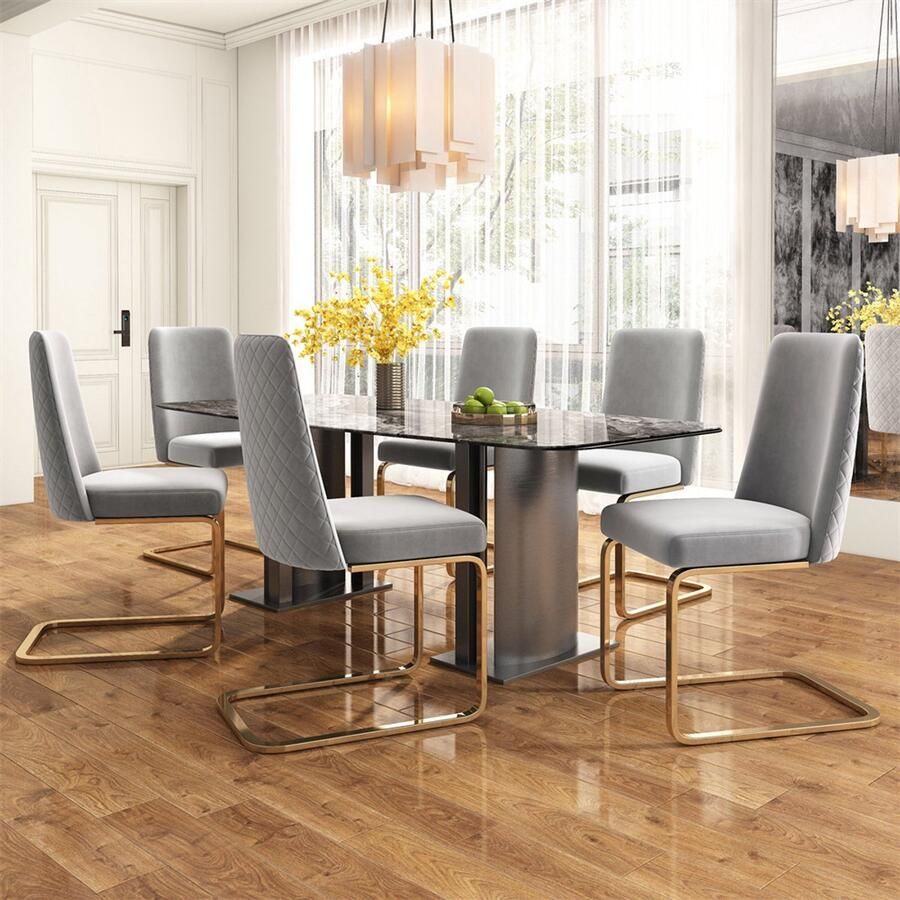 YEHTOKHOME Fluwelen Eetkamerstoelen Set van 6 Rugleuning met diamantvormig gaasontwerp Glanzende gouden metalen poten en antislipvoetjes Eenvoudige en elegante stoelen Grijs