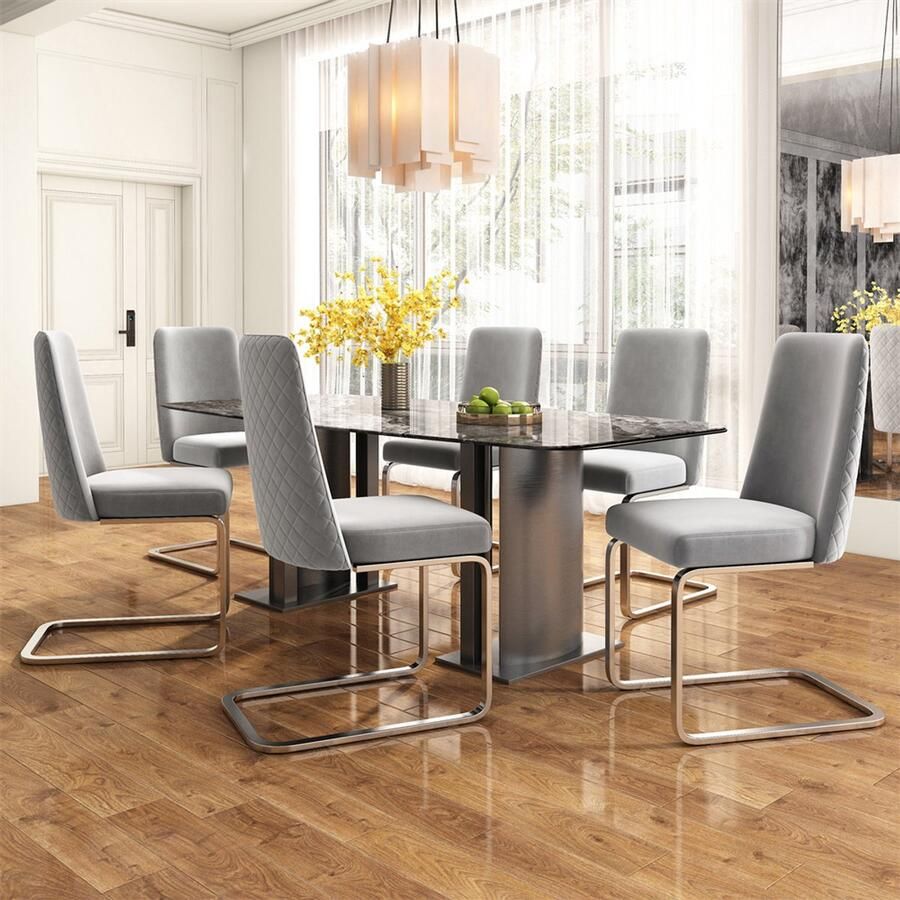 YEHTOKHOME Fluwelen Eetkamerstoelen Set van 6 Rugleuning met diamantvormig gaasontwerp Glanzende zilverkleurige metalen poten en antislipvoetjes Eenvoudige en elegante stoelen Grijs
