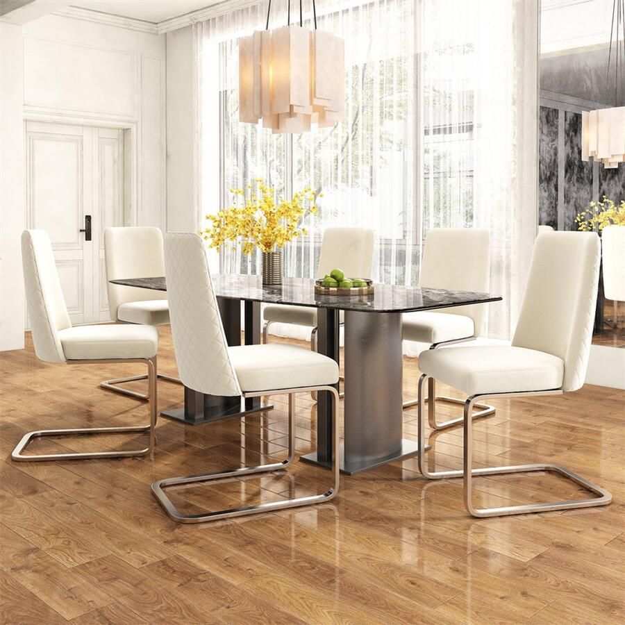 YEHTOKHOME Fluwelen Eetkamerstoelen Set van 6 Rugleuning met diamantvormig gaasontwerp Glanzende zilverkleurige metalen poten en antislipvoetjes Eenvoudige en elegante stoelen Beige
