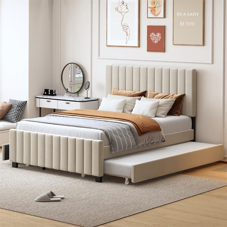 YEHTOKHOME Gestoffeerd bed 140 x 190 cm met uitschuifbed 90 x 190 cm Twee lades Fluweel bekleding Familiebed Tweepersoonsbed Kinderbed Beige Zonder Matras