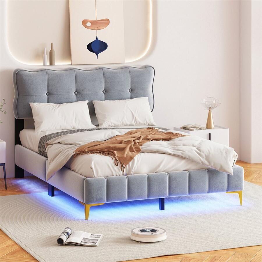 YEHTOKHOME Gestoffeerd bed 140 x 200 cm jeugdbed tweepersoonsbed met LED verlichting met lattenbodem en hoofdeinde metalen voeten fluwelen stof grijs (zonder matras)